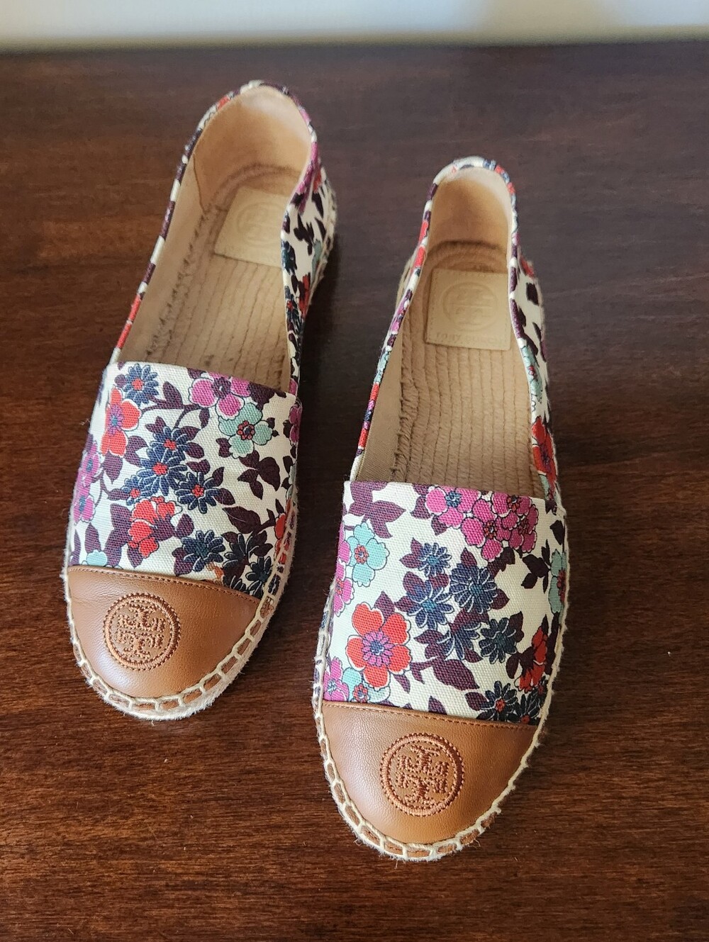 Tory Burch Floral Canvas Espadrilles Shoes Tan Leather Toe Size 7